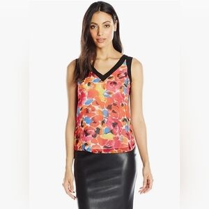 Anne Klein Floral Print Mesh Trim V-Neck Sleeveless Top - Multicolor